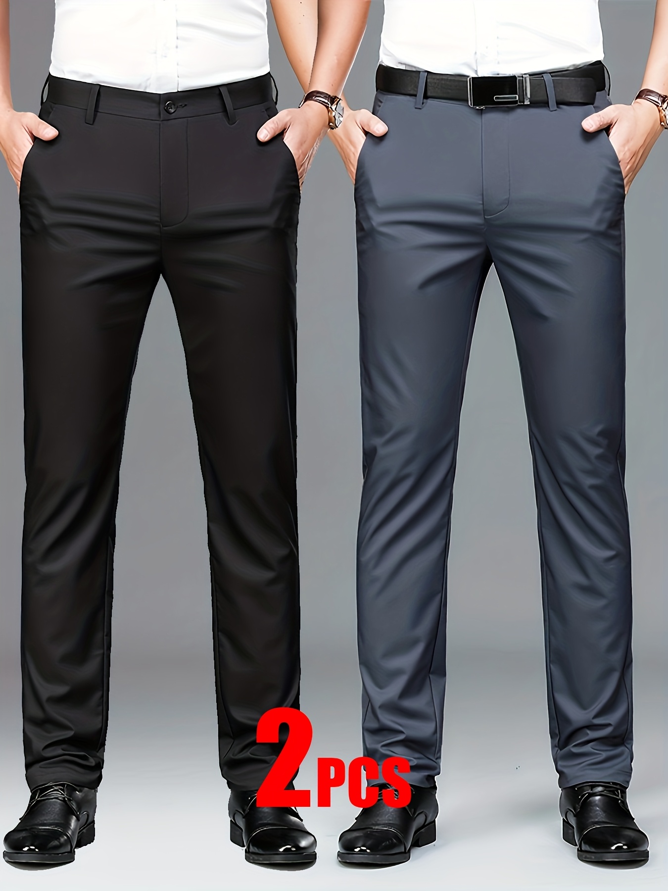 2pcs Men's Professional Business Stretch Dress Pants with Embroidery Design, Casual Loose-Fit Straight-Leg Suit Pants, Versatile Office Wear for Office Workers