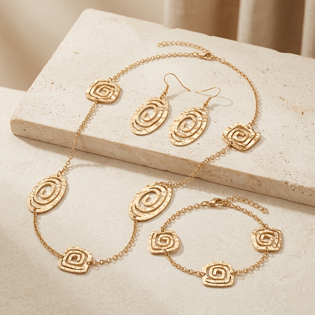 4pcs Golden Hammered Geometric Jewelry Set, Minimalist