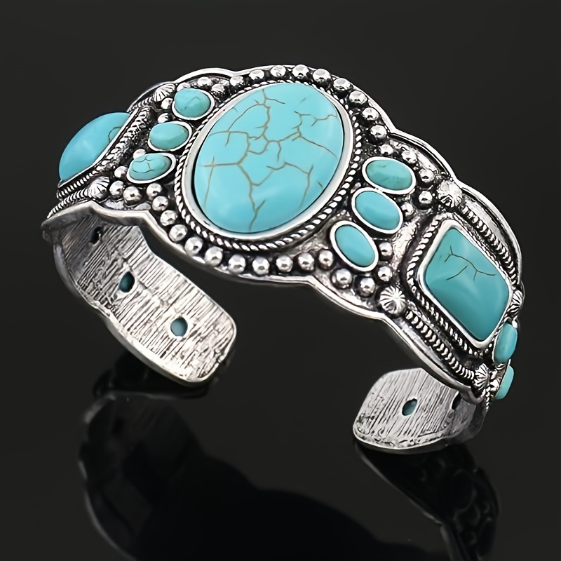 

Retro Opening Bracelet With Multiple Faux Turquoise And Zircon Designs, Bohemian Style, Handcrafted And Carved, Used For Holiday Commemorative Gifts