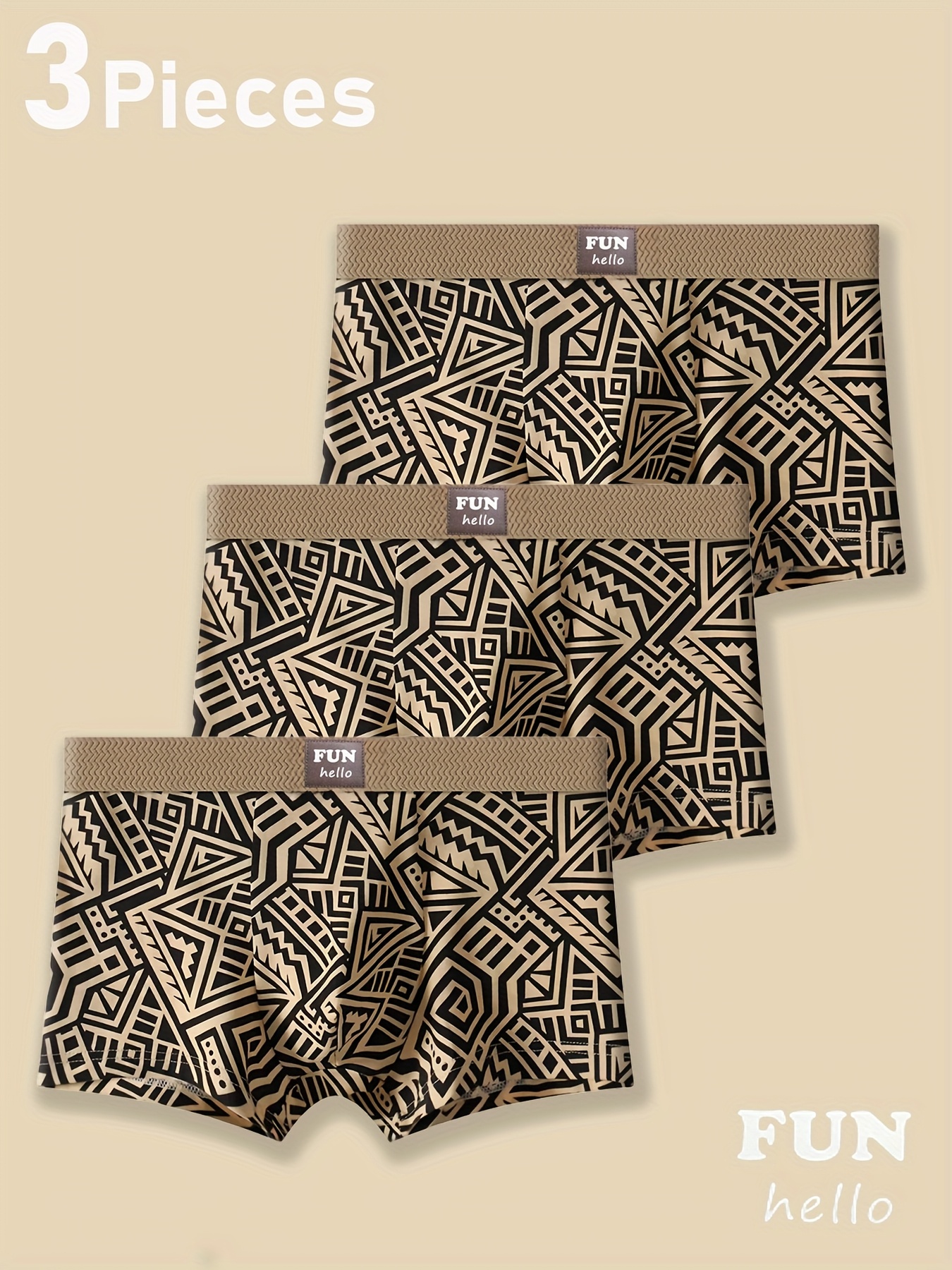 3pcs mens boxer briefs retro geometric print with textured waistband stretchy   fit stylish geometric pattern in teal brown   casual attire everyday   stylish boxer briefs  