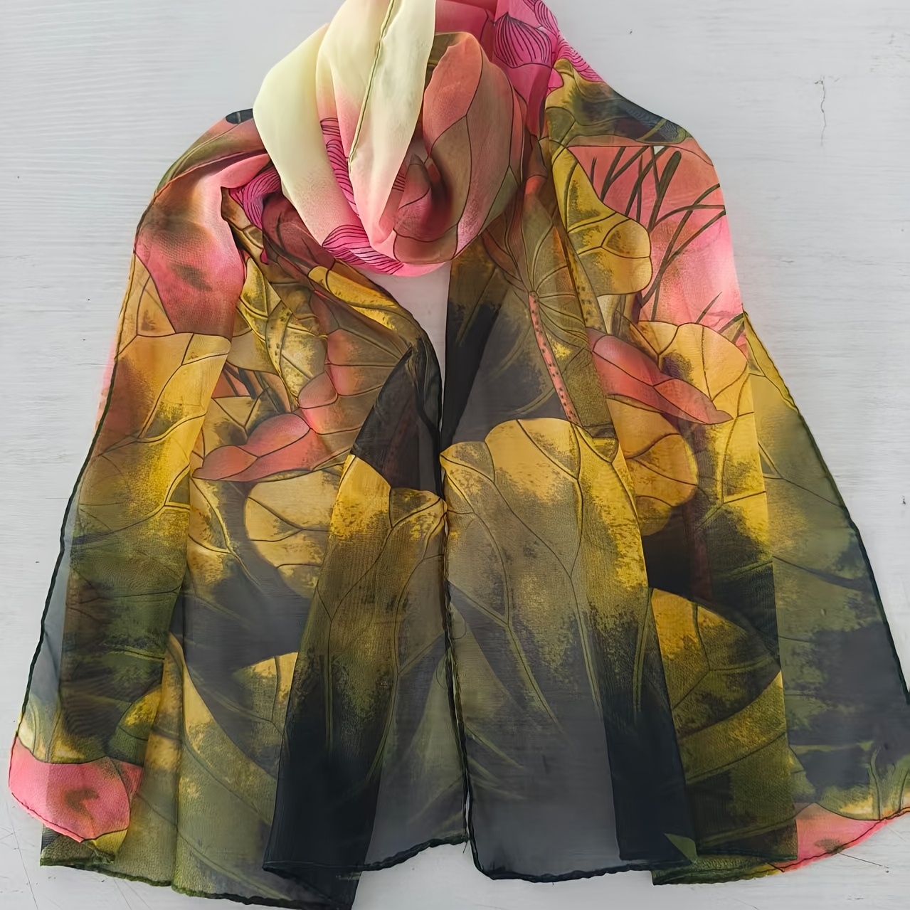 TEMU 1pc Chinese Style Lotus Print Chiffon Women's Long Scarf Women's Gauze Towel Beach Towel Sunscreen Shawl