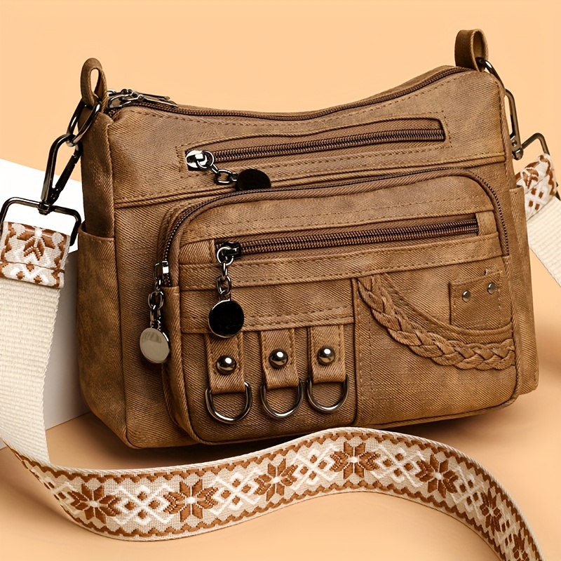 perfect lily womens bohemian vintage crossbody bag multi pocket adjustable shoulder bag synthetic leather compact purse for daily   travel beach gift for mom friends light brown gray white beige blue yellow beach carryall bag textured finish purse sturdy zipper closure secure snap pockets Product details 6