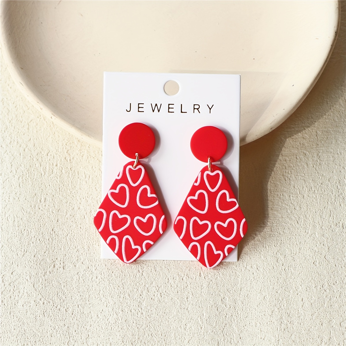 

Valentine's Day Red Heart Print Acrylic Earrings With Stainless Steel Posts, For And Parties, Clay Texture,