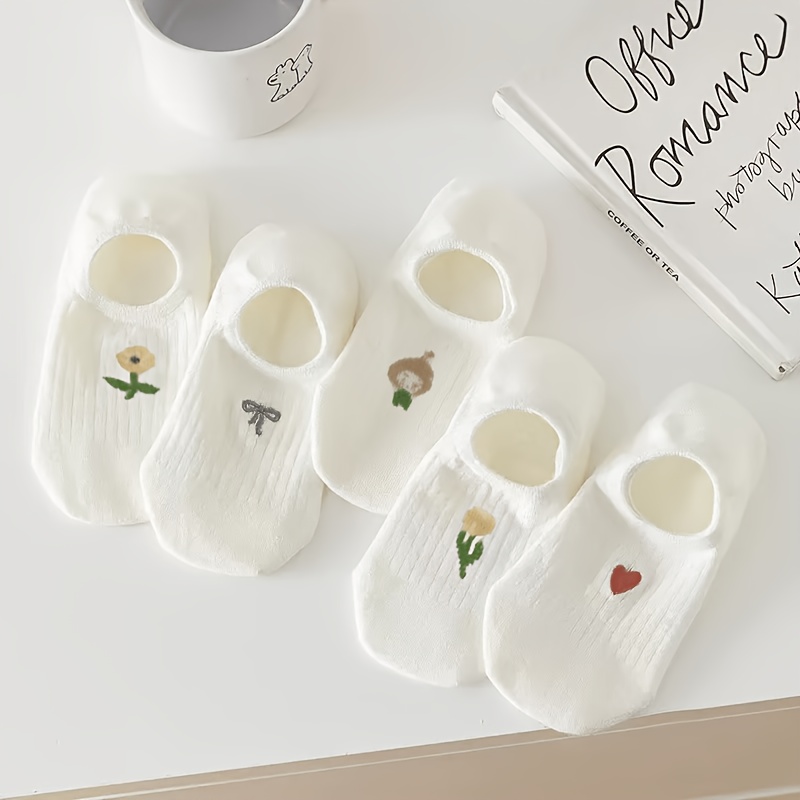 E-shop 5 Paar Damen-Knöchelsocken für Frühling/Sommer in Weiß mit Schleife-, Blumen- herzförmigen Mustern, bequeme, atmungsaktive niedliche Unsichtbare
