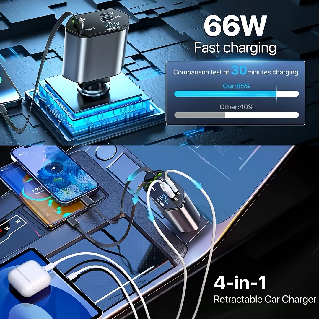 4 in 1 fast charging car charger with digital voltage display 66w retractable lightning and type c charging cables dual output ports for usb and type c compatible with iphone 15 14 max xr x and samsung details 3