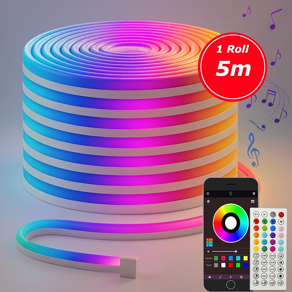 Image of Rgb Neon Light Strip, Ip65 Rated, Remote Control And App Control , Color Adjustable, App-synchronized To Music, Suitable For Game Rooms, Bedrooms, Indoor Decorations For Christmas And Halloween.