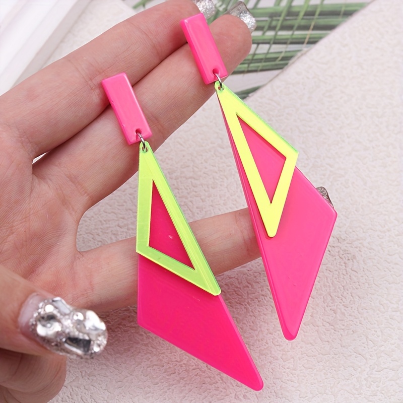 TEMU A Pair Of Long, Double-layer Triangular Acrylic Earrings In A European And , Featuring Fluorescent Colors For A And