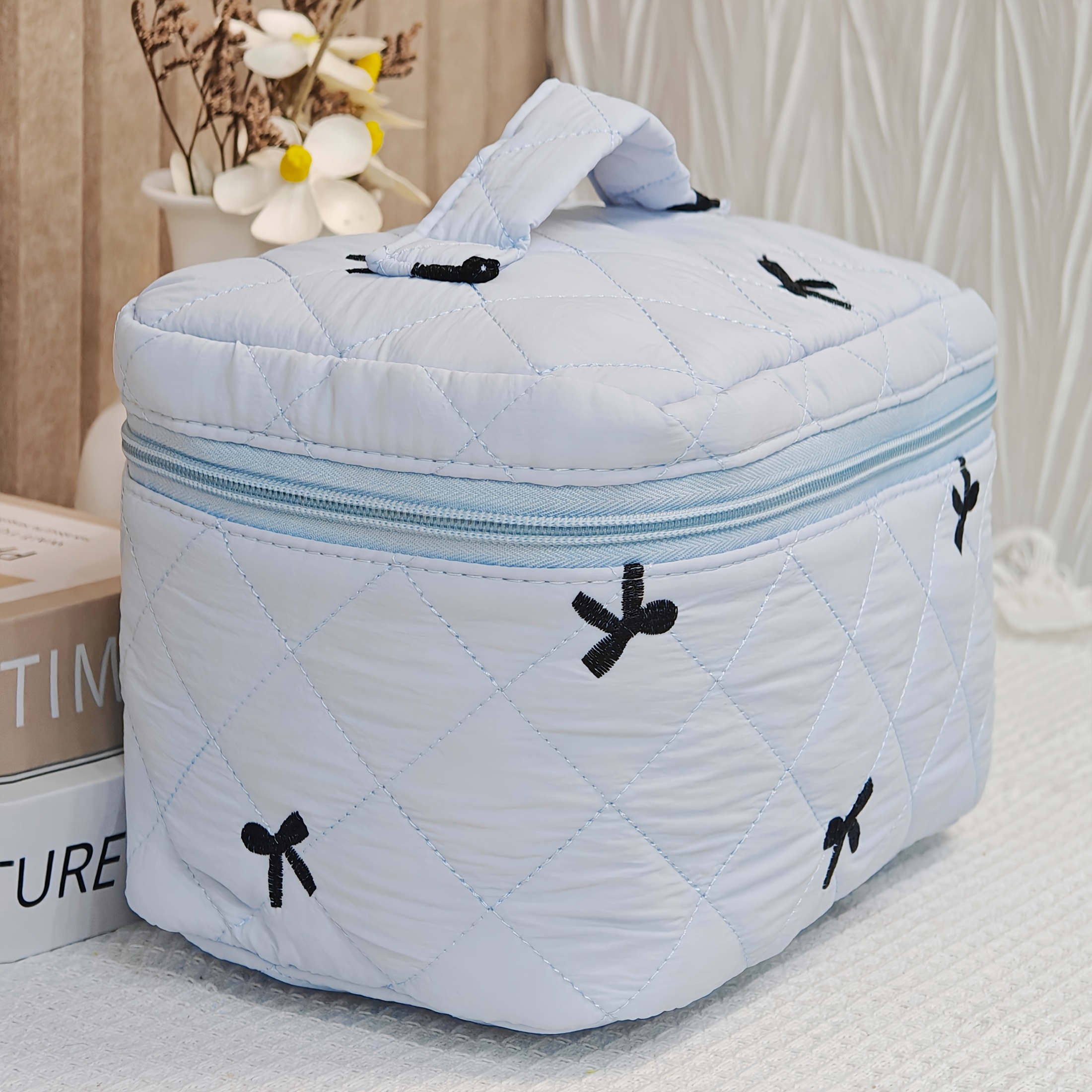 TEMU Sac de Cosmétique portable et pour femmes, brodé d'un nœud, matelassé, de grande capacité, sac de rangement de voyage portable, sac à toilette