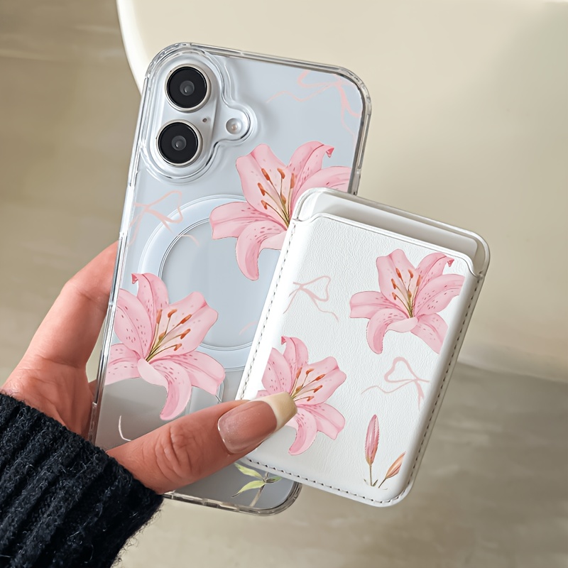 TEMU Phone Case - 2-in-1 Magnetic Phone Case And Detachable Magnetic Wallet Pink Flowers Pattern Suitable For Iphone 17 16 15 14 13 12 11 Pro 8 Pus