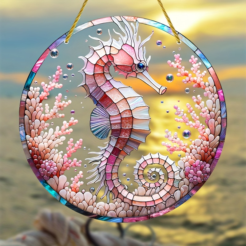 

Birthday Occasion Seahorse Suncatcher - 8-inch Acrylic Stained Glass Window Hanging, Animal Theme Home Decor For Bedroom, Porch, Garden, Patio, Indoor & Outdoor Spaces, Ideal Gift For Friends & Family