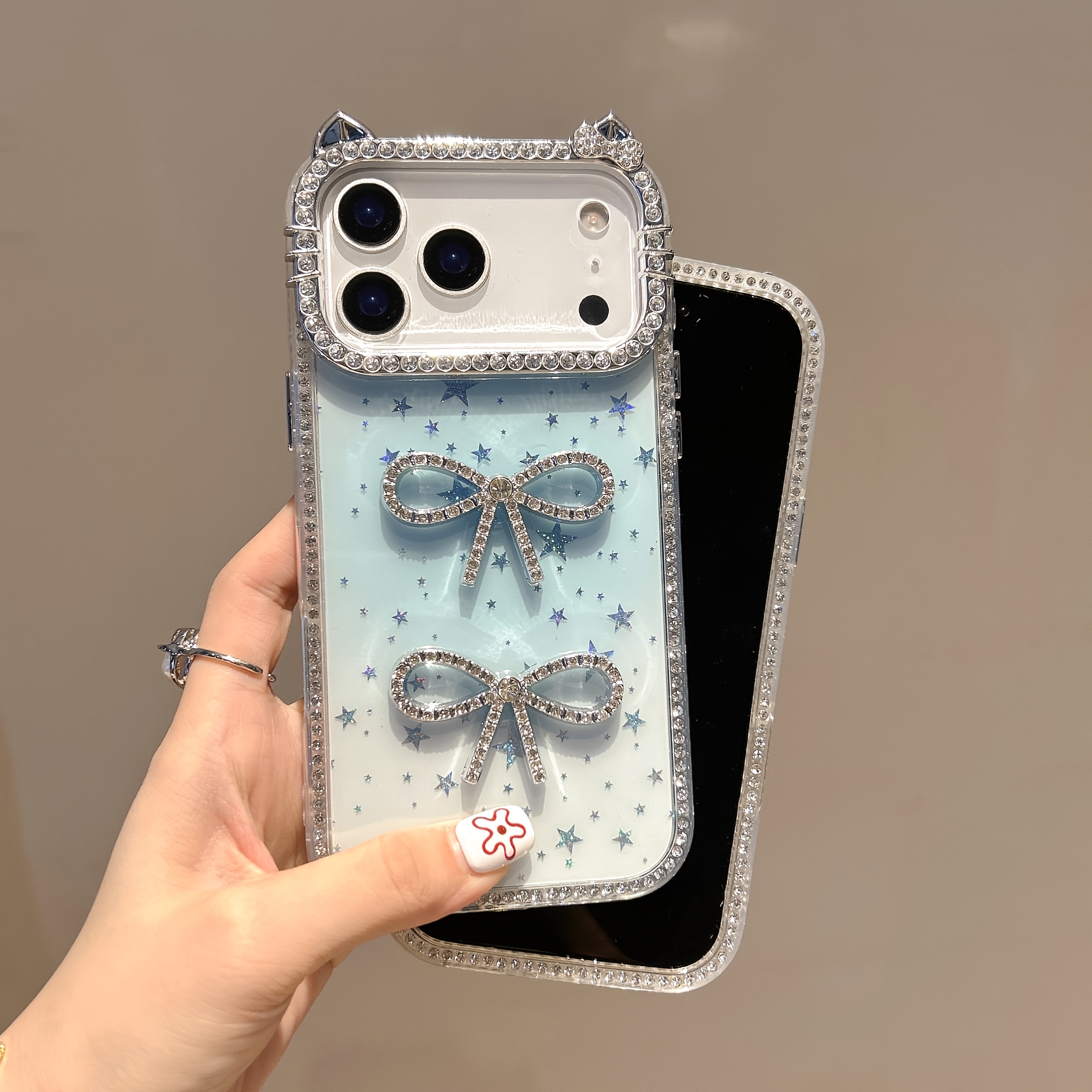 TEMU Phone Case - Ear Double-sided Diamond Bow Phone Case Compatible With Iphone 17, 16, 15, 14, 13 Pro Max