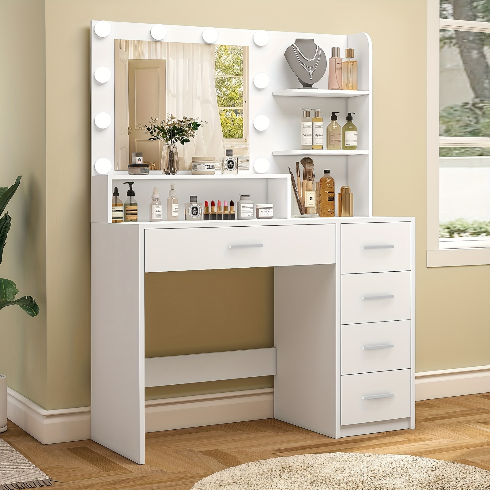 

Athwel Makeup Vanity Desk With Mirror & Lights, Vanity Desk With 5 Drawers & Storage Shelves, Vanity Table, 3 Color & Adjustable Brightness Dressing Table, Bedroom, White