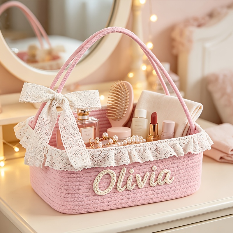 Custom Name Storage Basket with Lace Trim, Handheld Organizer
