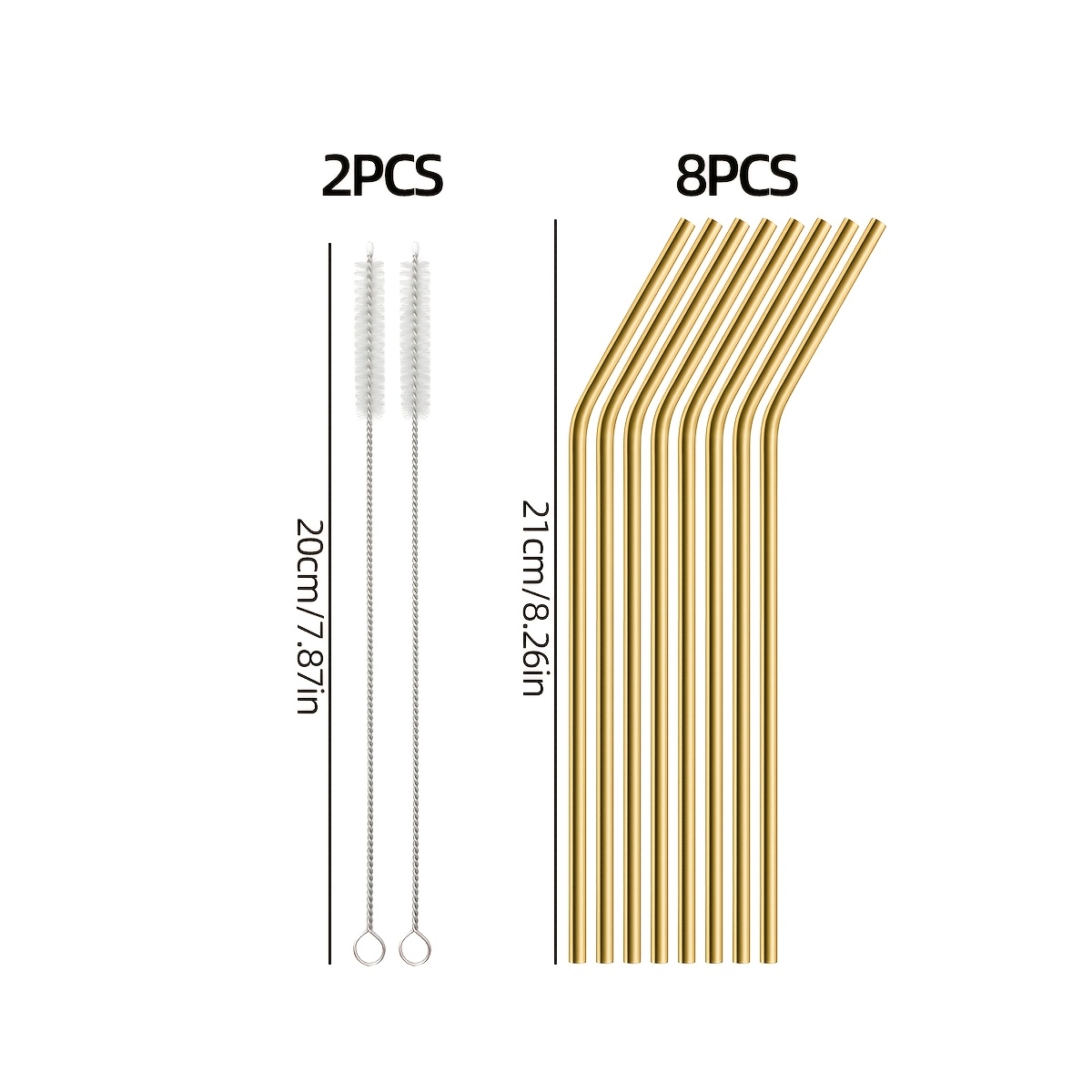 TEMU 10pcs Set 8.46 Inches * 0.24 Inches 8 Bent Tubes 2 Brushes, Colorful Portable Creative Food-grade Stainless Steel Straws, Coffee Milk Tea Straw