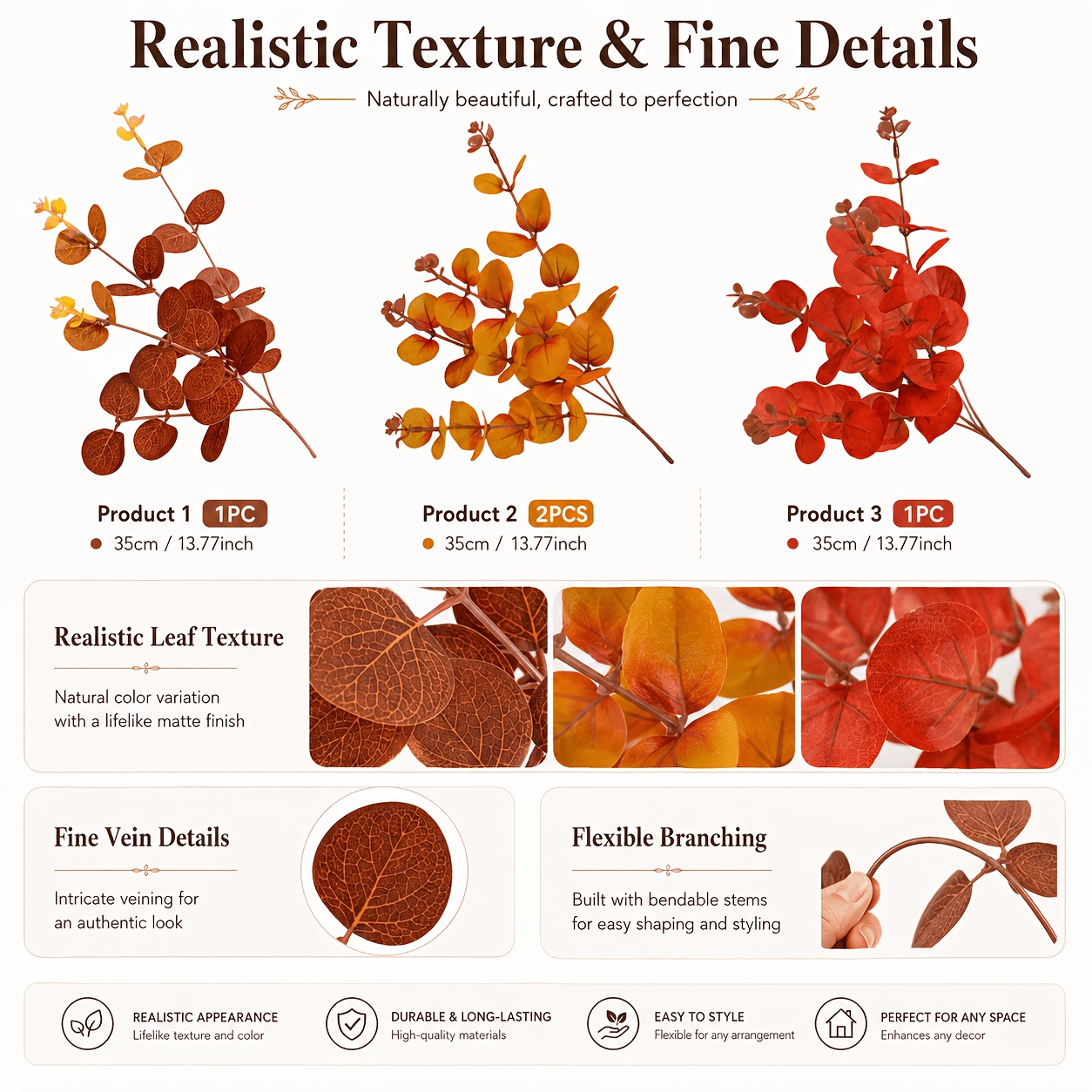 TEMU 4pcs Autumn Artificial Eucalyptus Leaf Bouquet, -brown Gradient Round Leaf Stems For Floral Arrangements, Thanksgiving Home Decor, Suitable For