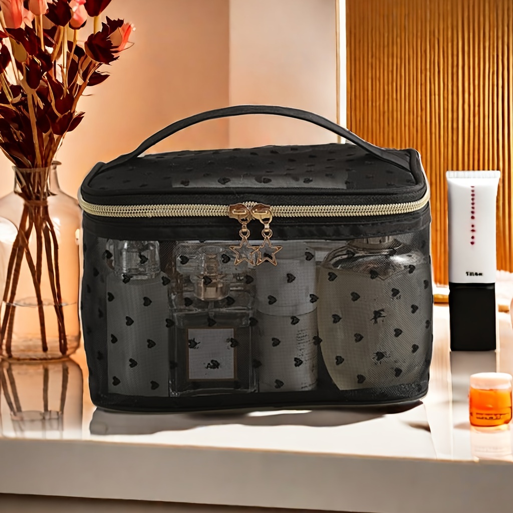 

Chic Mesh Makeup Bag For Women - Spacious & Portable Cosmetic Organizer, Semi-transparent Travel Toiletry Pouch, Nylon