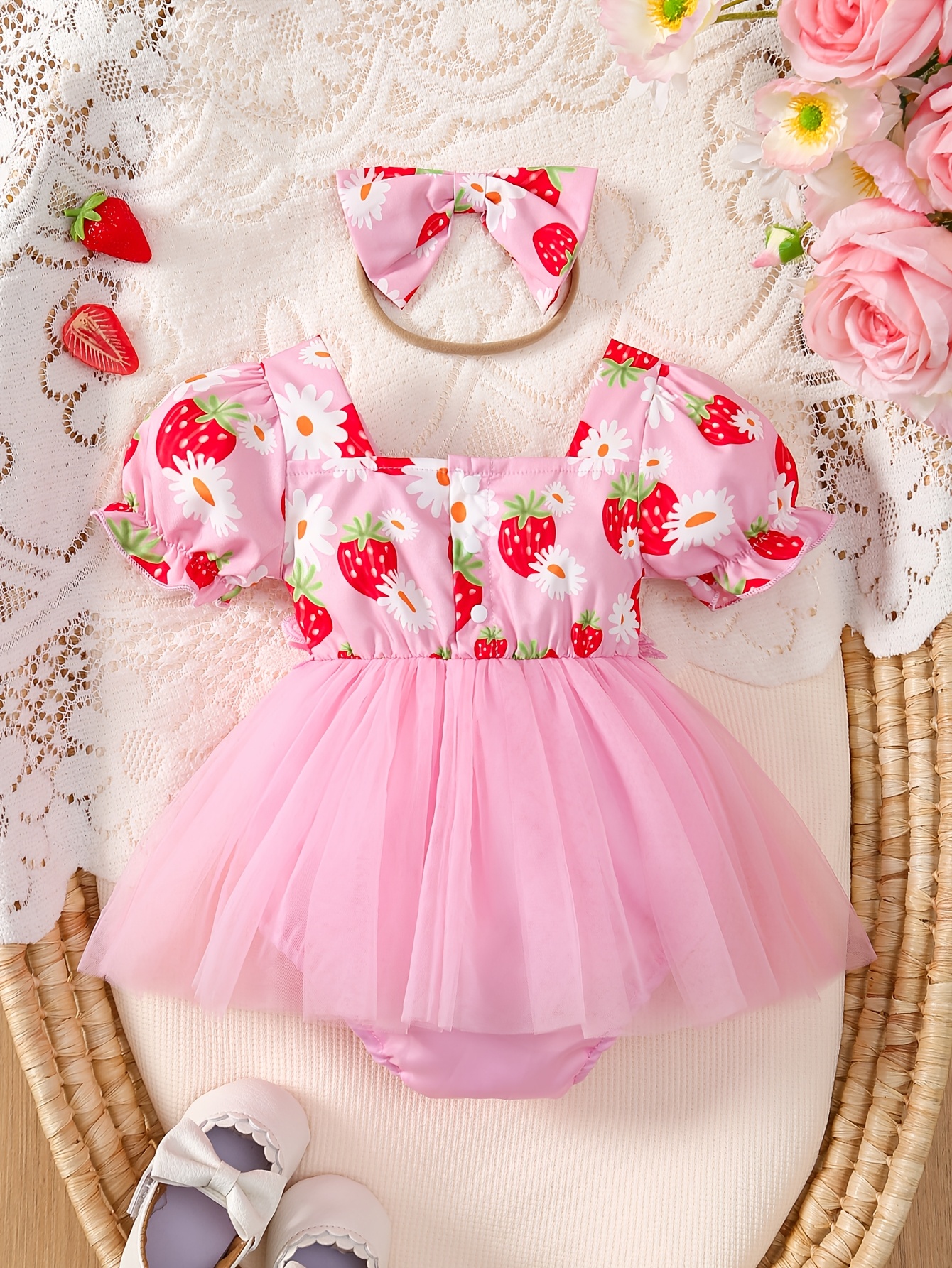 Pink Four Month Baby Dress Newborn Baby Girl Strawberry Print - Main Image
