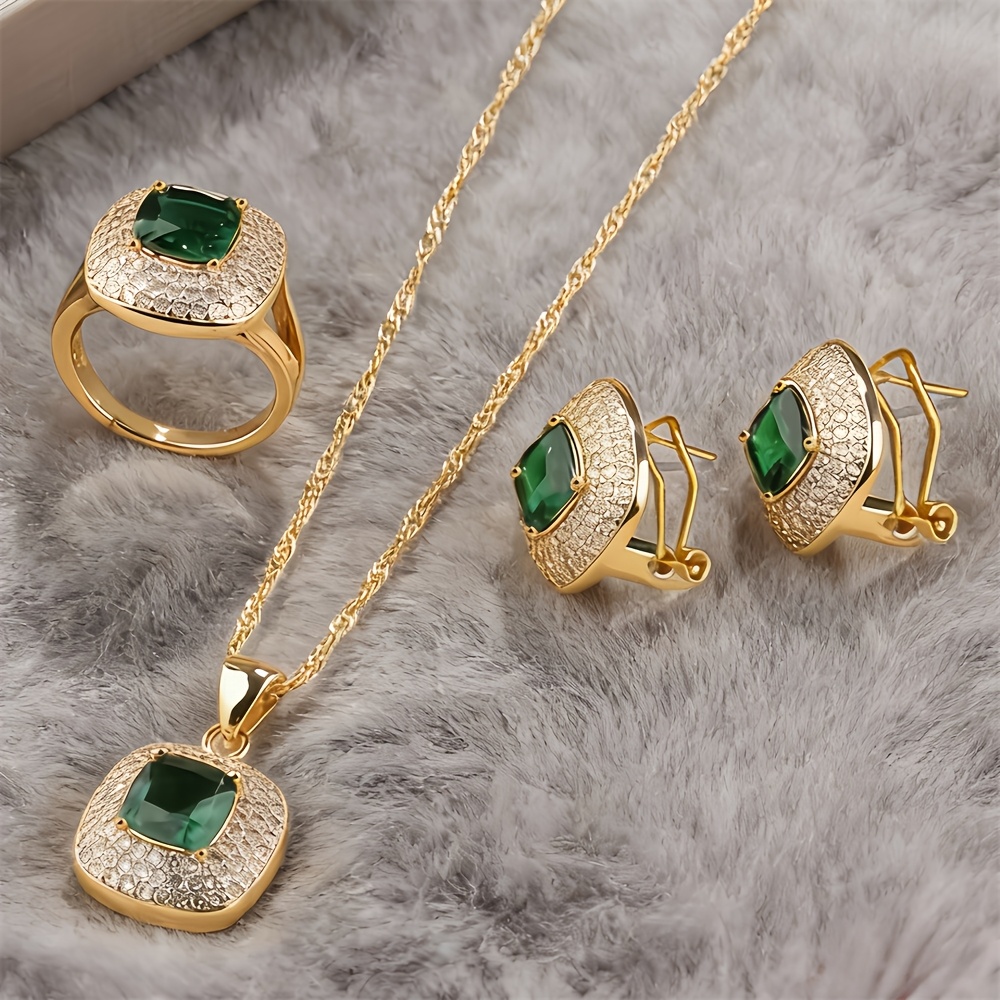 TEMU 4pcs Elegant Retro Square Jewelry Bridal Wedding Set, Women's Fashion Earrings Necklace Pendant And Ring, Banquet Commute Additions, Adjustable,