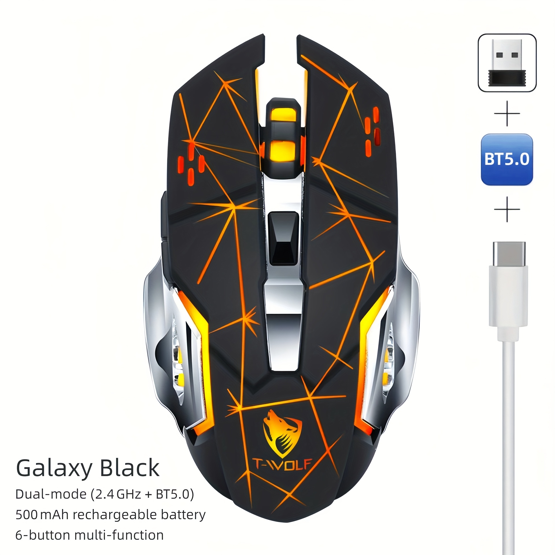 TEMU Rgb Wireless Gaming Mouse, T-wolf 2.4ghz + Wireless Rechargeable Mouse, Ergonomic Full Size Large Mouse For Long Hours Of Work Gaming And Study,