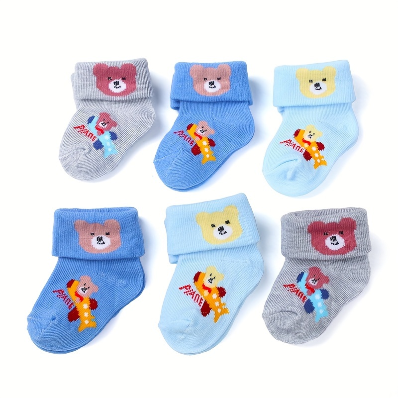6 Pairs Of Cute And Adorable Cartoon Teddy Bear Patterned Socks For Boys, Q-version Teddy Bear Palm Patterned Socks For Boys