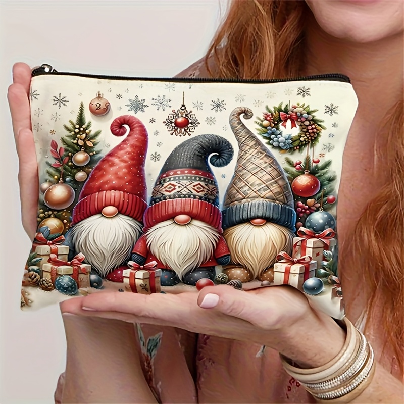 Image of A Cute Cartoon Christmas Gnome Print Makeup Bag, Lightweight And Portable, Large Capacity, Multifunctional, Unisex, Perfect Gift For Christmas, Unscented, With A Positional Print Design