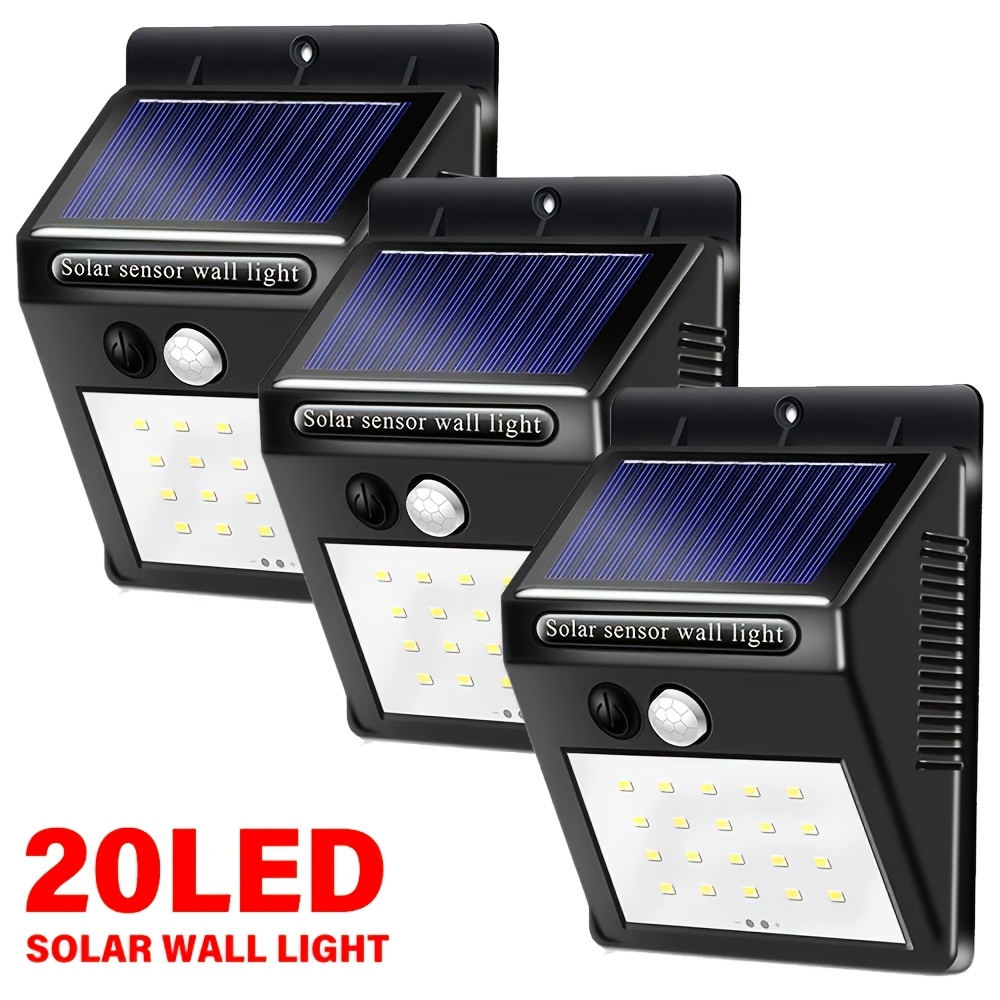 TEMU 3pcs Outdoor Solar Lights, 20 Led Motion Sensor Wall Lights, 3 Lighting Modes, Solar Security Lights For Outdoor Use On Patios, Gardens, Fences,