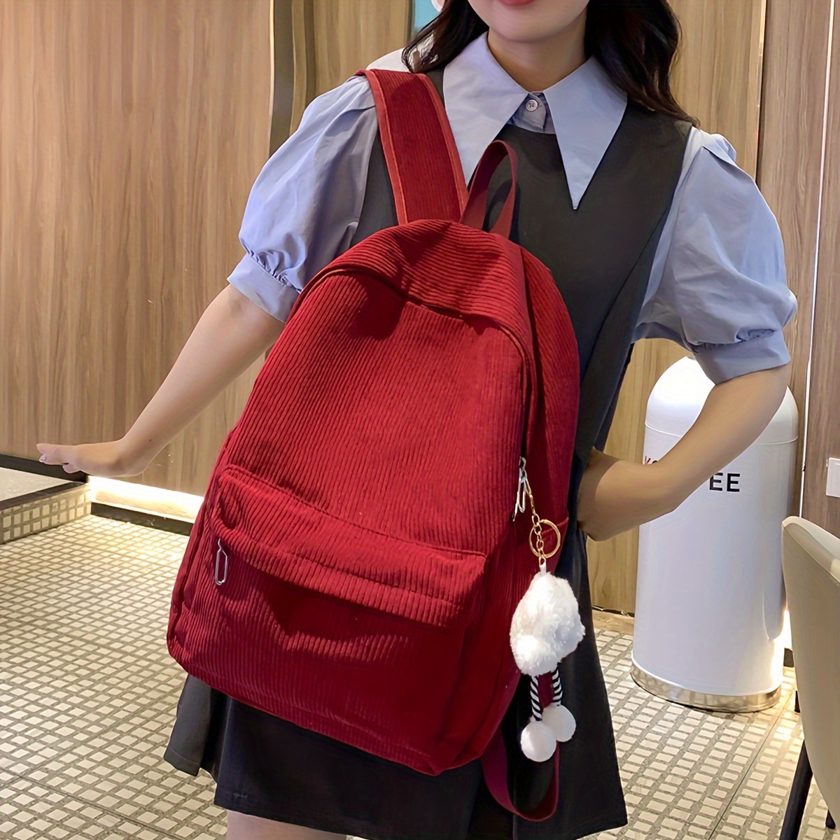 

Chic Red Corduroy Backpack For Women - Casual Japanese-inspired Travel & School Bag With Adjustable Straps, Zip Closure, Travel Backpack