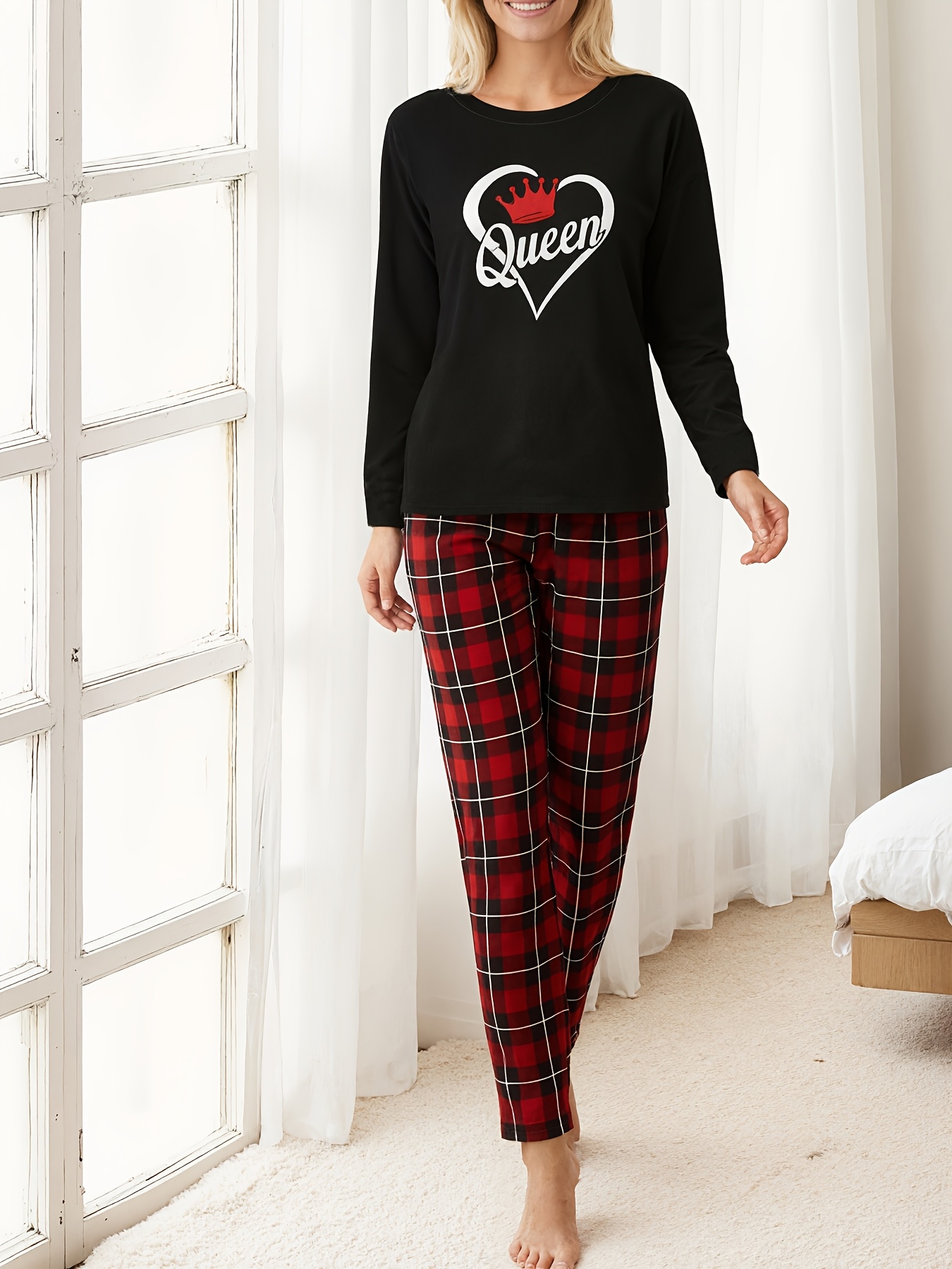 MEN/WOMEN Couple Style King Queen Letter Print Pattern Women's Long Sleeve Long Pants or Men's Long Sleeve Long Pants Loungewear Set, Men's Set or Women's Set, Men's 1pc Top + 1 Pair of Pants or Women's 1pc Top + 1 Pair of Pants