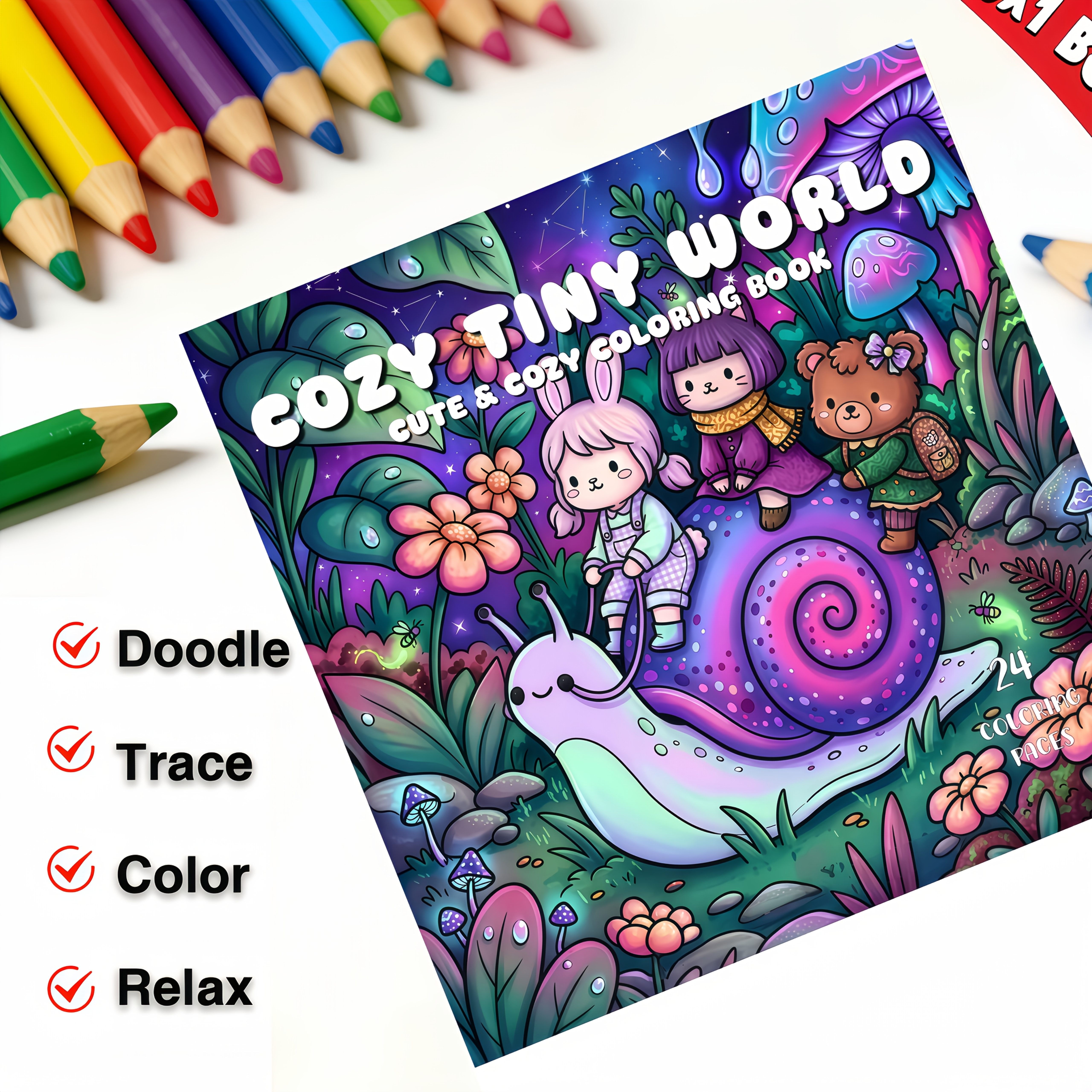 TEMU Cozy Little World Coloring Book, Cute Magical Scene Animal Coloring Pages, Featuring Snails, Forest , And Whimsical Mushrooms, Suitable For