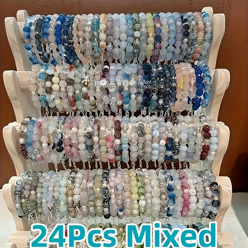TEMU 24pcs Elegant Glass Bead Elastic Bracelet Set - Pastel & Multicolor & Charm Adjustable Bracelets, Perfect For Valentine's Day Gifts, Birthday