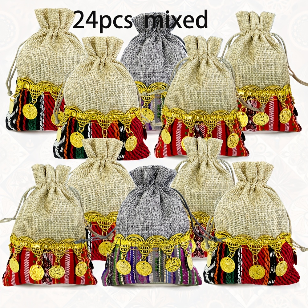 E-shop Geschenk für Sie/Ihn Ethno-Stil Patchwork Bunte Streifen Jutebeutel mit Goldener Runddekoration Zugbeutel Geschenktüte Party Festival Geburtstag
