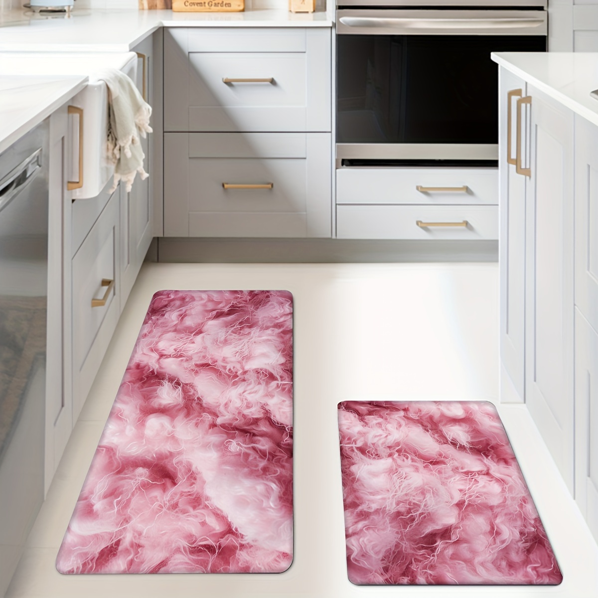 

1pc/2pcs, Pink Cotton Pattern Kitchen Mats, Non-slip And Durable Bathroom Pads For Floor, Comfortable Standing Runner Rugs, Carpets For Kitchen, Home, Office, Laundry Room, Bathroom, Spring Decor