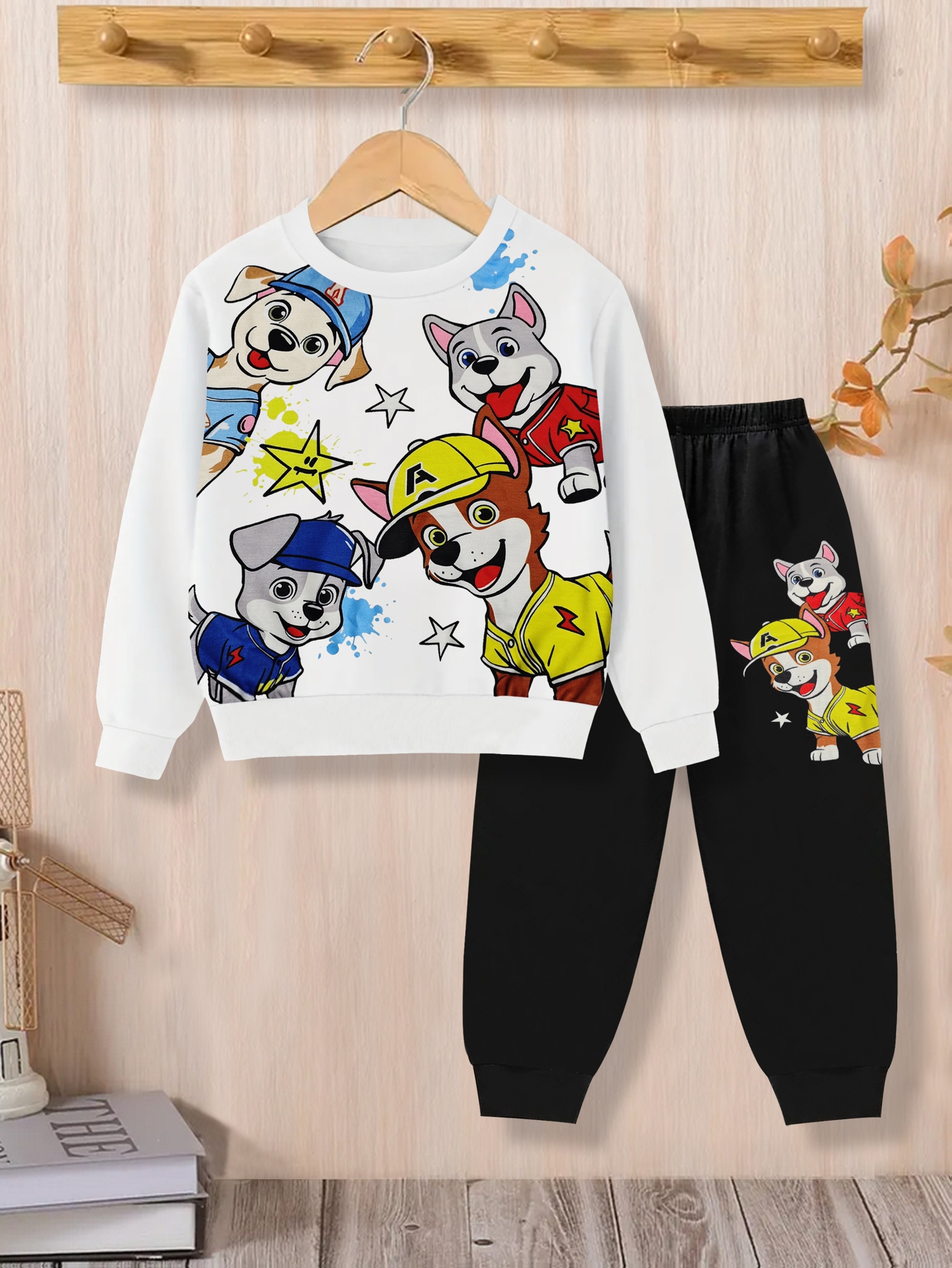 Herfst Outfit Tie-Dye Print Cartoon Puppy Ronde Hals Lange Mouw Sweatshirt 2-delige Set, Stijlvol Blauw Tie-Dye Effect met Cartoon Puppy Patroon