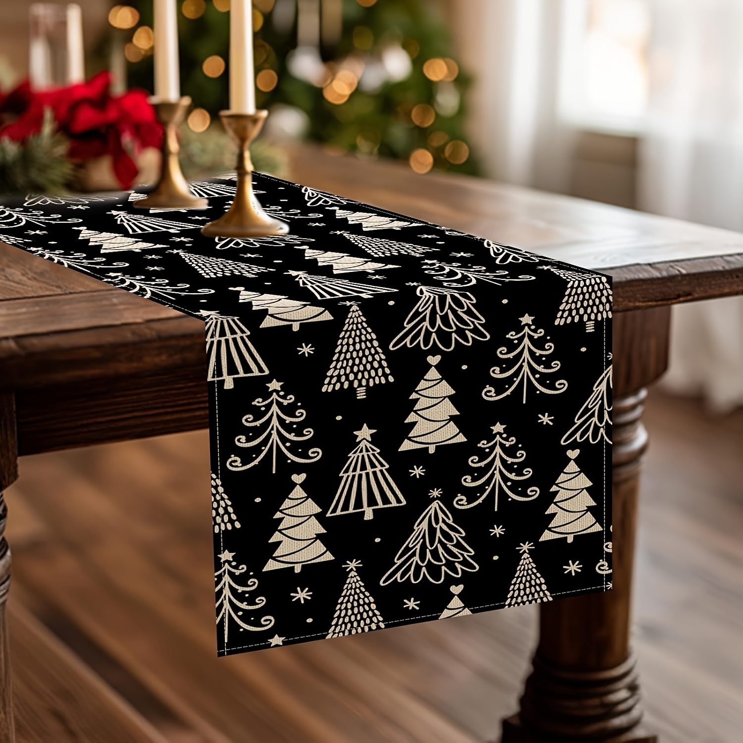 TEMU Black Christmas Tree Table Runner With Snowflake & Design - Elegant Dining Table Decor, Durable Fabric For Indoor/outdoor Xmas Party Decoration