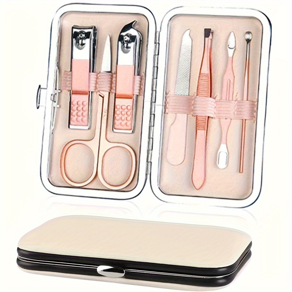 TEMU 7pcs Deluxe Manicure Kit With Floral Letter Design - Stainless Steel Nail Clippers, File, Scissors & Grooming Tools In Clear Organizer Case - Ideal For Home & Travel Use, Nail Tech Supplies