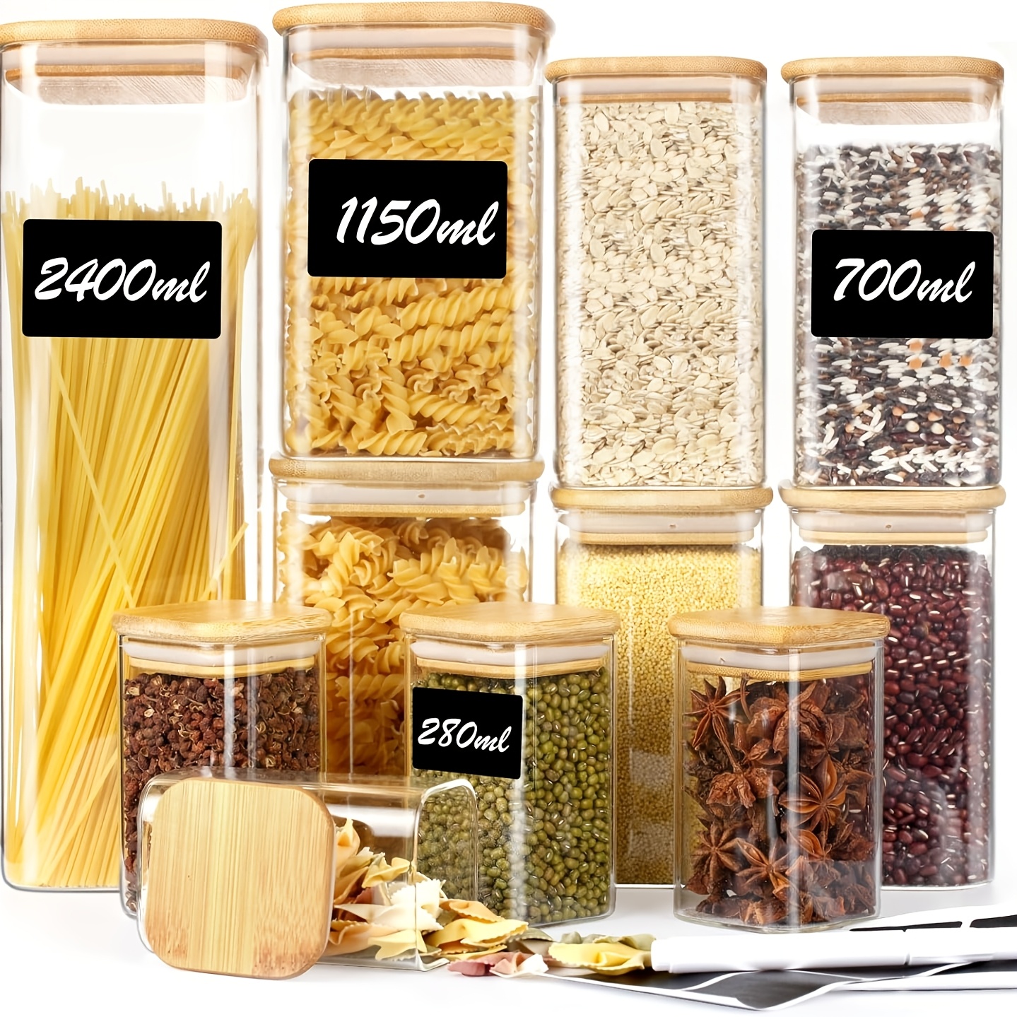 Image of 11pcs Square Storage Jars With Lids, 1 X 2400ml 2 X 1150ml 4 X 700ml 4 X 280ml Storage Jars With Wooden Lids, Glass Spice Jars, Kitchen Spices, Pasta, Flour, And Corn Flakes Storage Jars