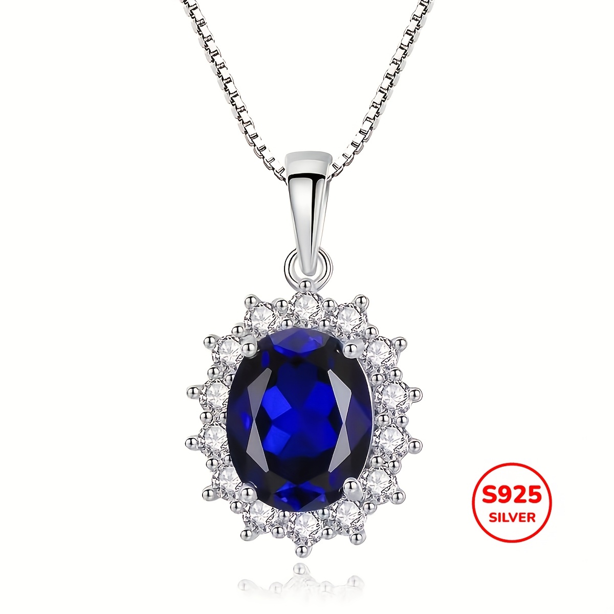 

925 Round Cut Blue Synthetic Gems Pendant With Long Chain Adjustable Clothing Accessories