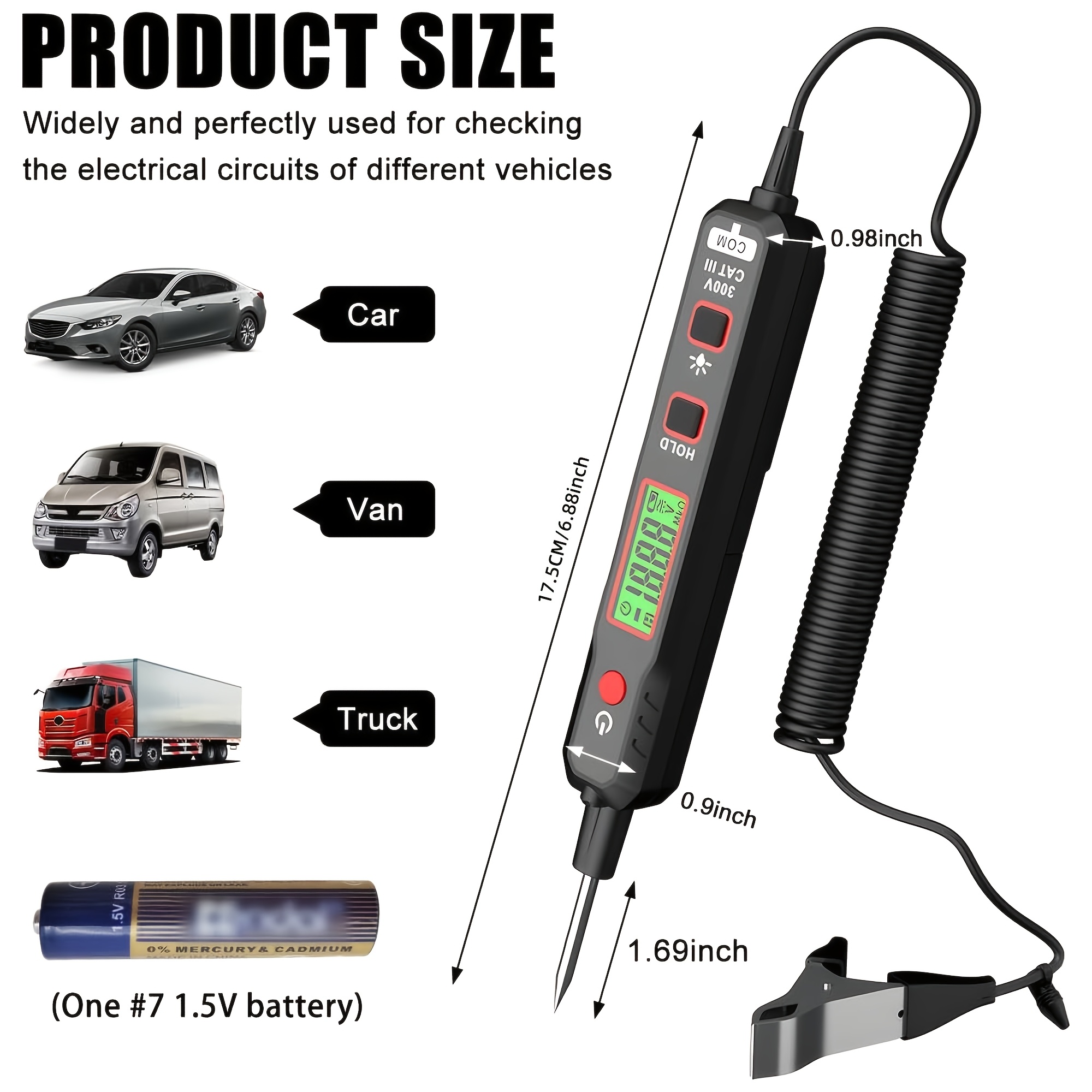 TEMU de circuit numérique automobile avec écran LCD rétroéclairé, sonde de tension avec détection instantanée de la polarité, alertes sonores et