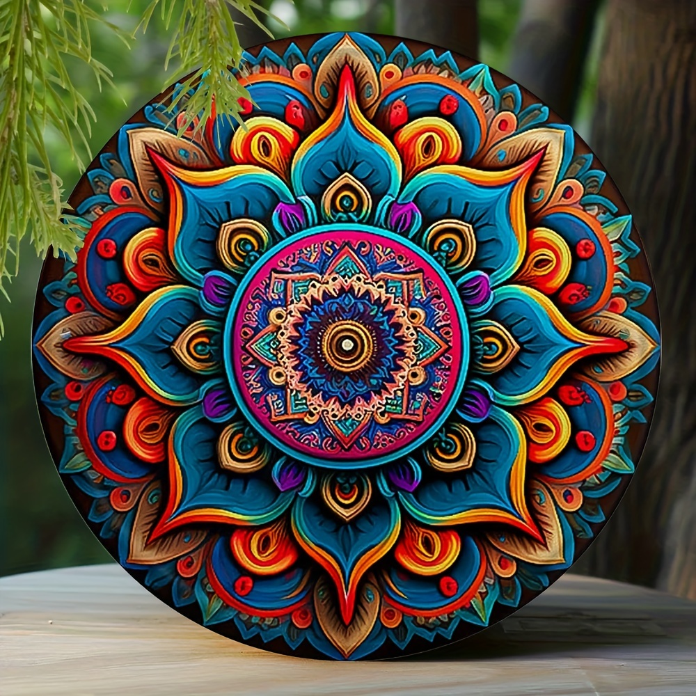 

1 Pc Glam Style Mandala Meditation Hippie Metal Decorative Sign, Wall Hanging Art For Home, Yoga Studio - Multicolor Metal Plaque With No Text, Bohemian Decor With Pre-drilled Mounting