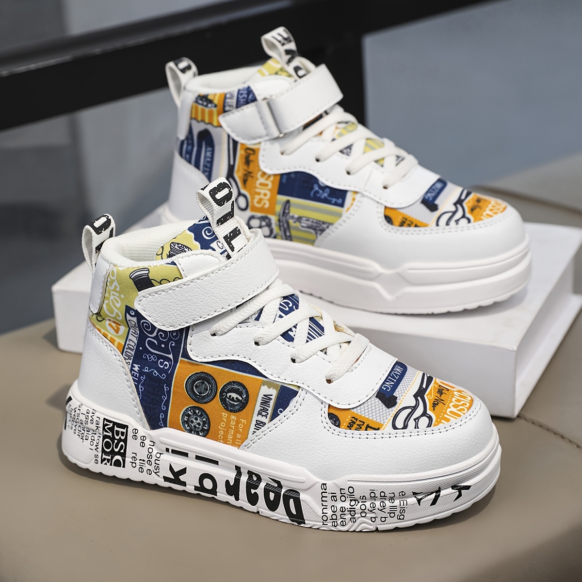 Youngsters' Comfortable Mid-Top Sneakers with Closure, Colorful Random Print Design, Breathable PU/Fabric Upper & EVA Cushioned Sole - All-Season Casual Shoes for Boys & Girls, School, Outdoor Play & Daily Activities, Kid Shoes, School Footwear, Stylish Stitching Details, Fabric Lined Interior