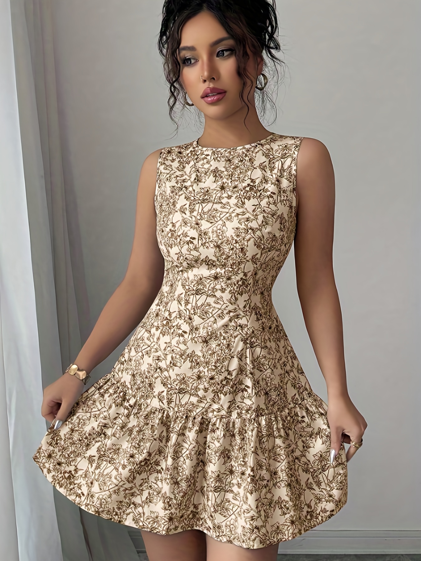 brown wedding guest dress short womens beige brown a line short dress sleeveless round neck