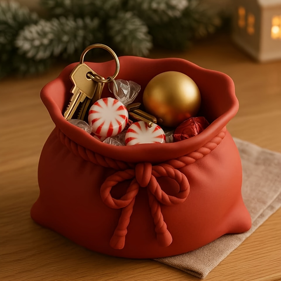 TEMU 3d Printed Red Drawstring Gift Bag Shaped Storage Bowl, Tassel Decoration Key Tray, Christmas Sundries, Candy Storage Container Decorative