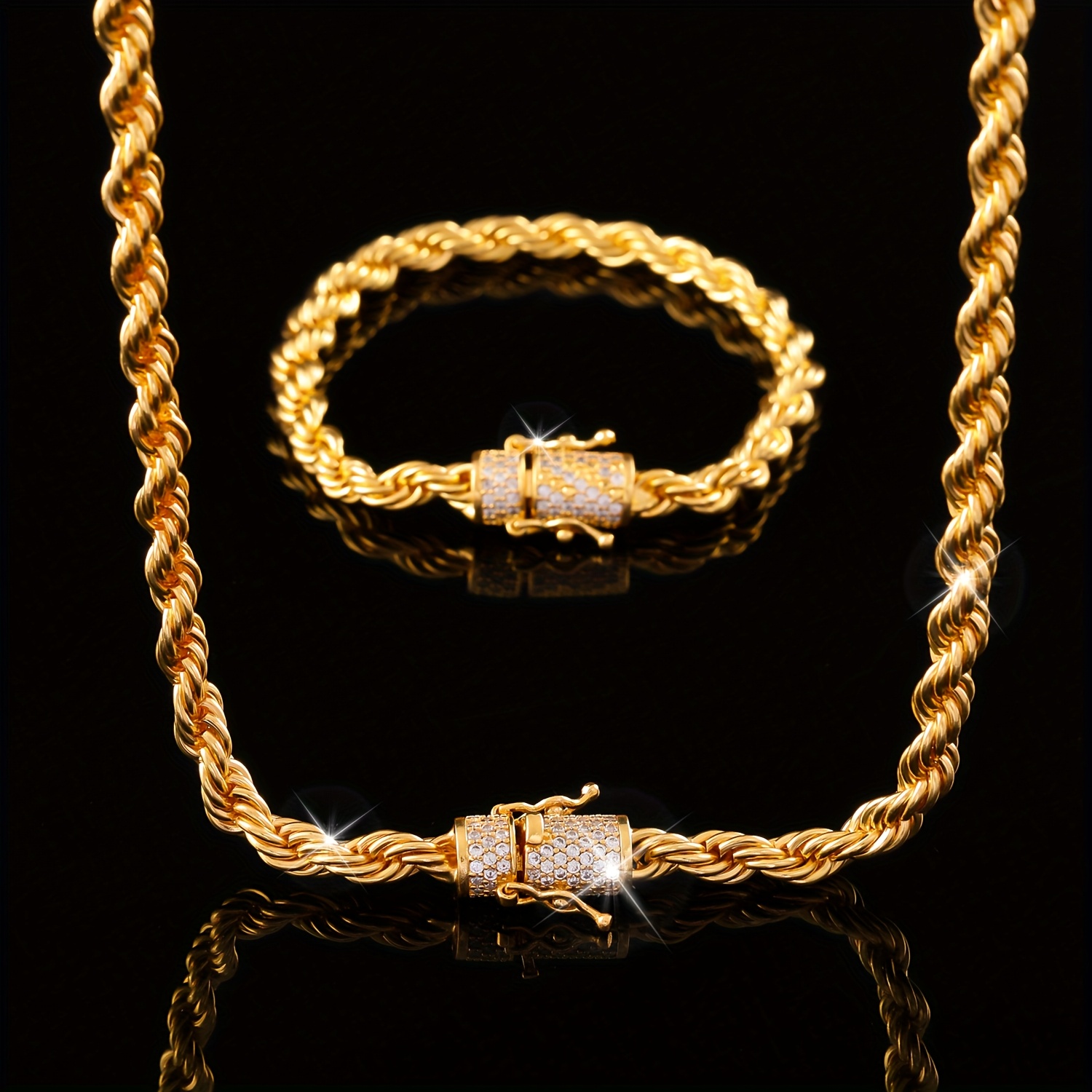TEMU 2pcs Fashion 18k Gold Plated Jewelry For Men 1pc Luxury Twisted Rope Hip Hop Necklace And 1pc Synthetic Synthetic Synthetic Zircon Hip Hop