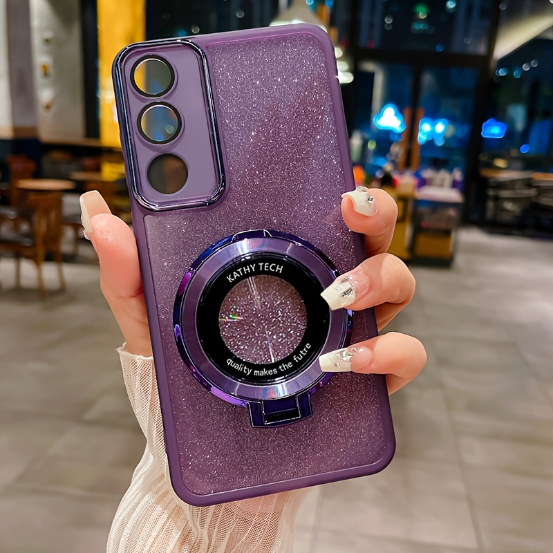 TEMU Phone Case - Soft Tpu Clear Case With Glitter For Oppo A80 5g, Featuring Lens Protector And A Circular Magnetic Bracket On The Back