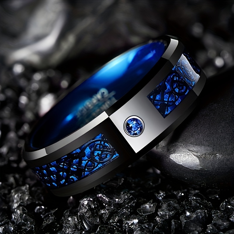 

1pc Black Dragon Patterned Men's Ring, Set In Blue, Red, And Fiber, Made Of Stainless Steel, Couple Ring