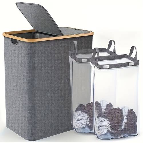 double layer laundry basket with lid large capacity laundry basket laundry basket with handle and removable inner bag 2 compartments dirty clothes basket suitable for bathroom bedroom laundry room foldable space saving dirty clothes storage basket laundry baskets