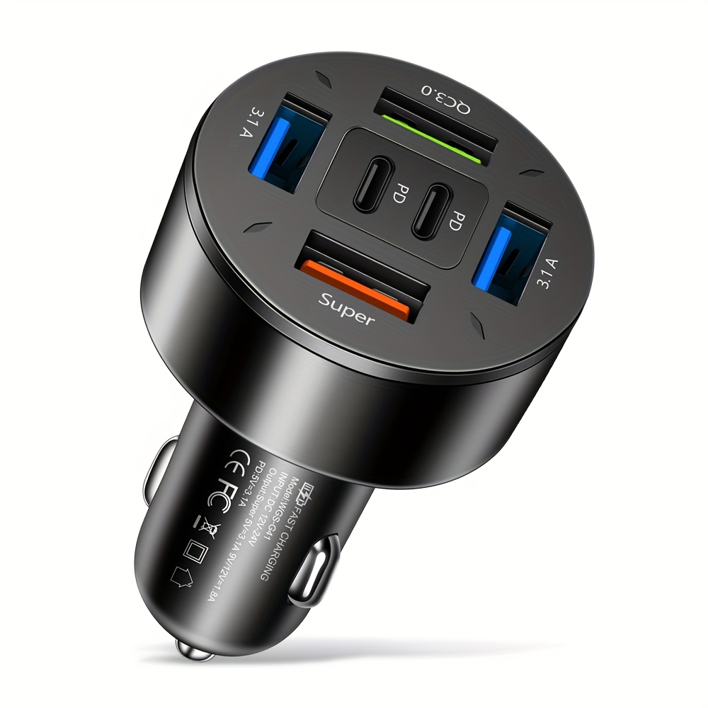Total 27w 6 Ports Usb C Car Phone Charger Super Fast Charge In Car For Iphone Oneplus Phone
