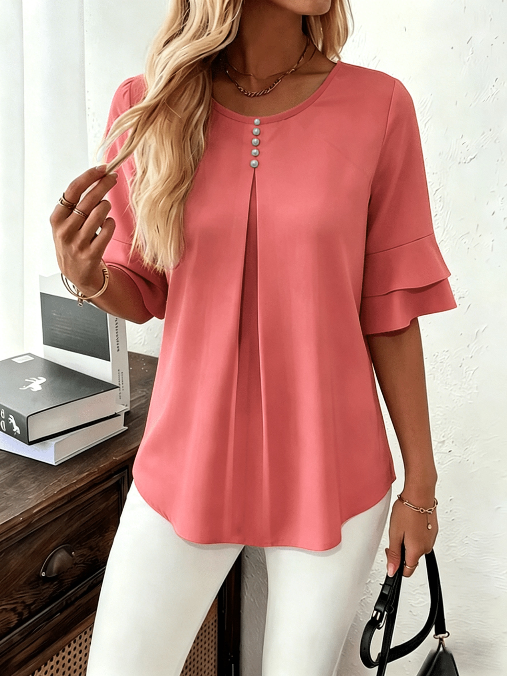 Elegant Flared Sleeve Shirt, Summer Loose Solid Round Neck Top