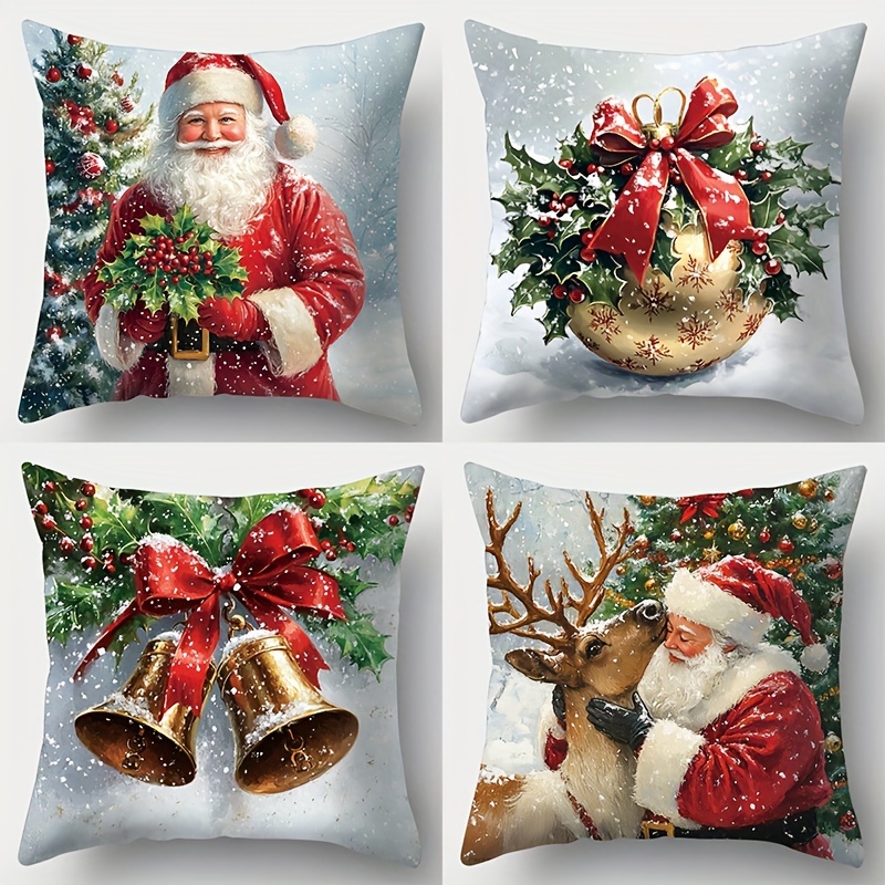 

Contemporary Christmas Throw Cushion Covers Set Of 4, Santa Claus & Reindeer Holiday Patterns, Zippered, 100% Polyester, Machine Washable, Decor For Rooms (insert Not Included)