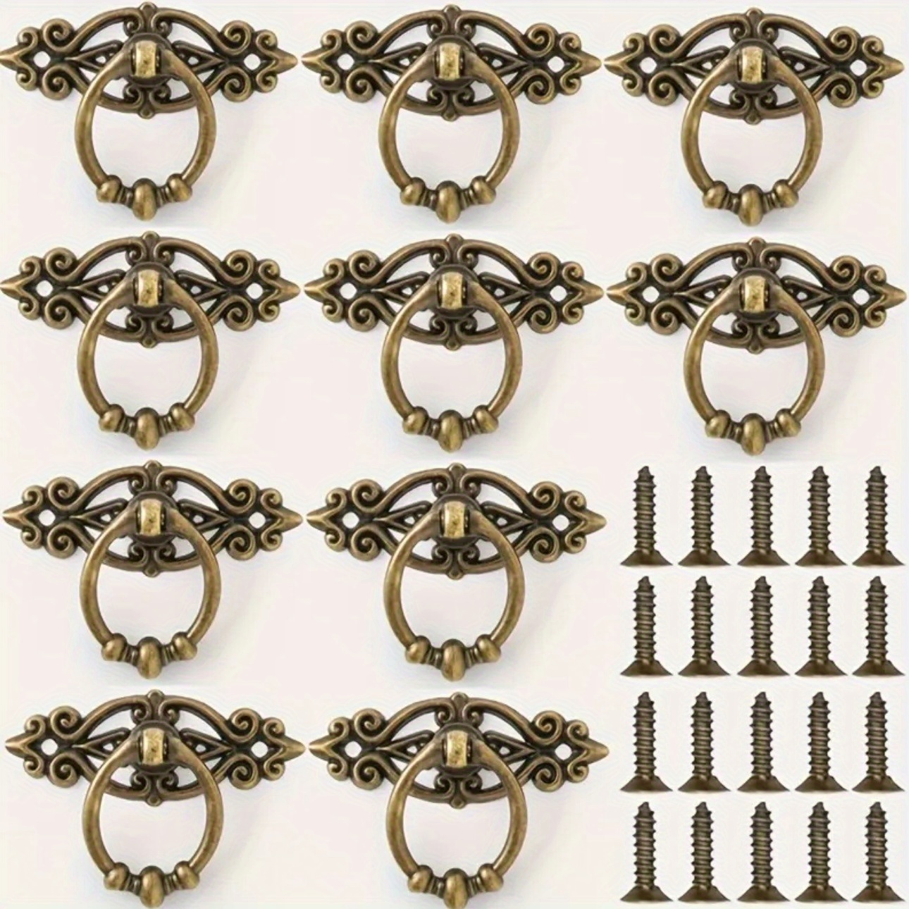 Image of 10pcs Antique Bronze Alloy Cabinet Hardware - Vintage Door Knobs & Drawer Pulls With Matching Screws, Ring Pulls Suitable For Home Restoration, Kitchen Cabinets, Dressers, Furniture Hardware